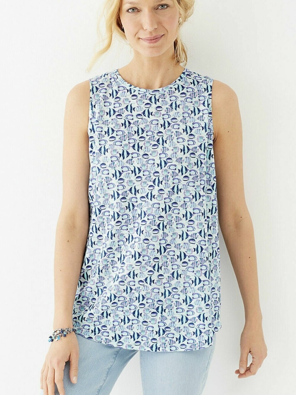 J. Jill Love Linen Blue and Navy Fish Patterned Sleeveless Tank 100% Linen Sz L